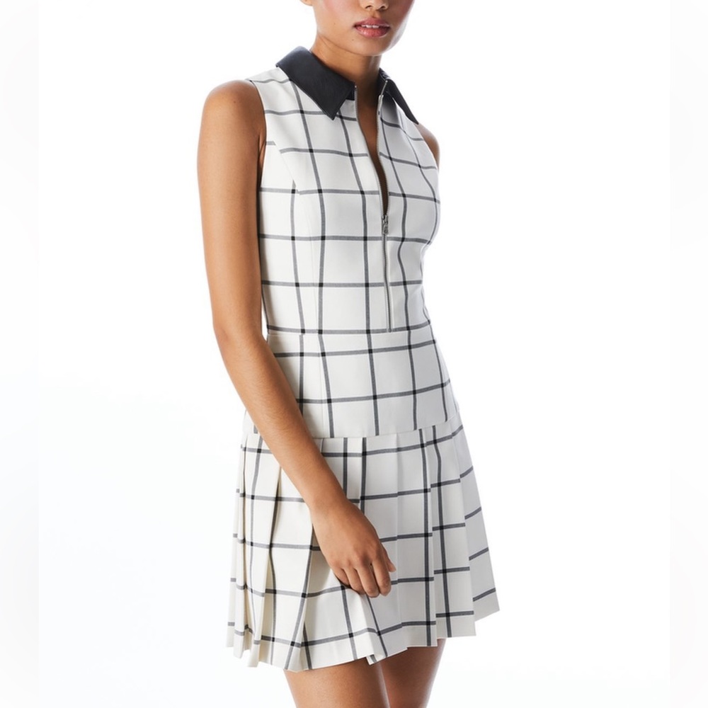 Alice + Olivia Ellis Windowpane Front-Zip Pleated Mini Dress
